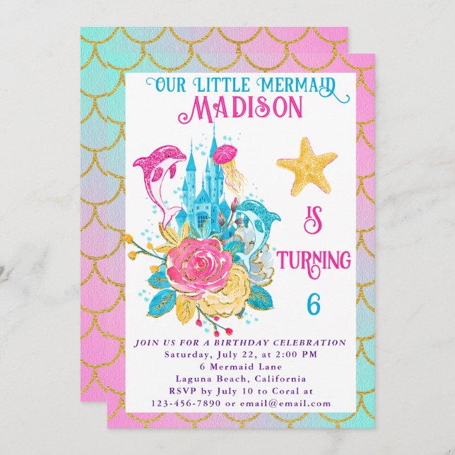 Little Mermaid Scale Pink Turquoise Gold Birthday Invitation (Front/Back)