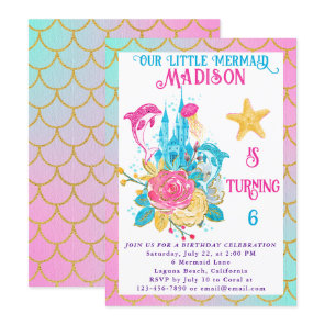 Little Mermaid Scale Pink Turquoise Gold Birthday Invitation