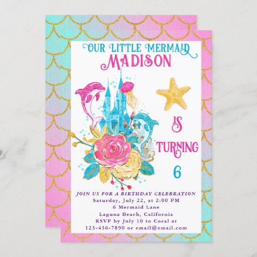 Little Mermaid Scale Pink Turquoise Gold Birthday Invitation
