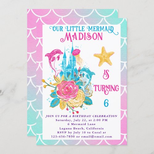 Little Mermaid Scale Pink Turquoise White Birthday Invitation