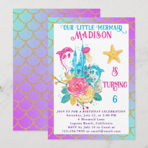 Little Mermaid Tail Purple Turquoise Gold Birthday Invitation