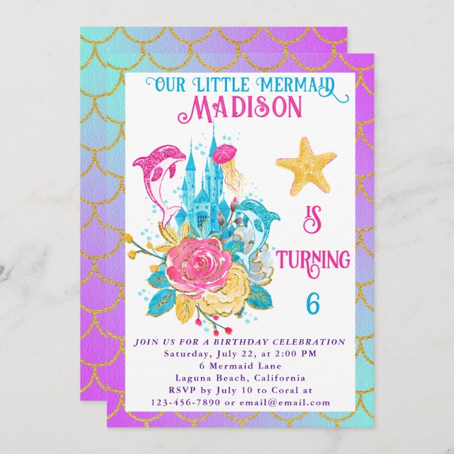 Little Mermaid Tail Purple Turquoise Gold Birthday Invitation (Front/Back)