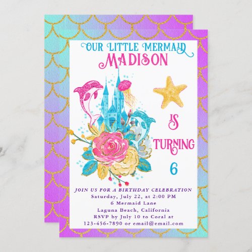 Little Mermaid Tail Purple Turquoise Gold Birthday Invitation