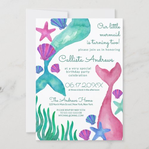 Little Mermaid Tails Seashells Watercolor Birthday Invitation