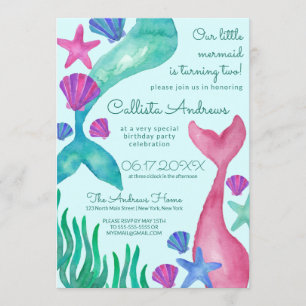 Little Mermaid Tails Seashells Watercolor Birthday Invitation