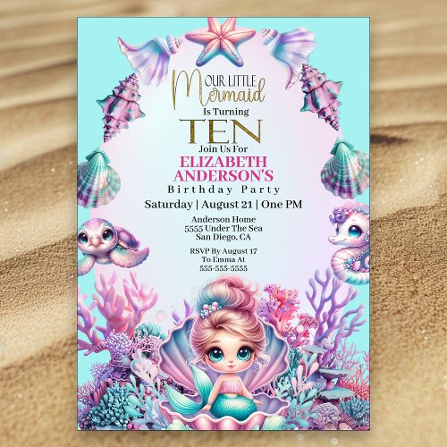 Little Mermaid Under The Sea 10th Birthday Invitation