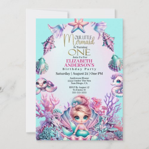 Little Mermaid Under The Sea 1st Birthday Invitation