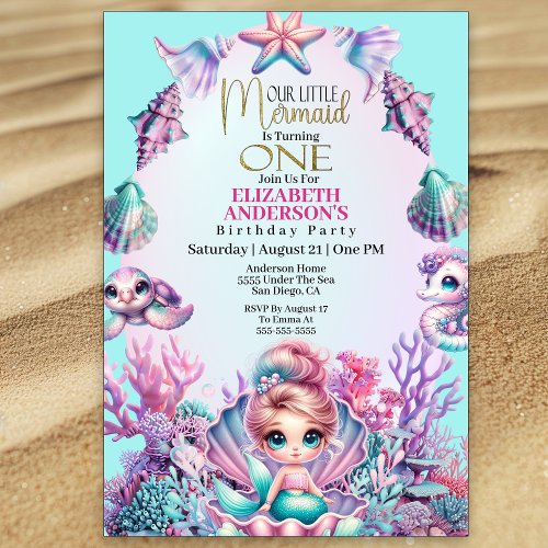 Little Mermaid Under The Sea 1st Birthday Invitation