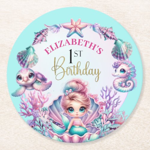 Little Mermaid Under The Sea 1st Birthday Round Paper Coaster