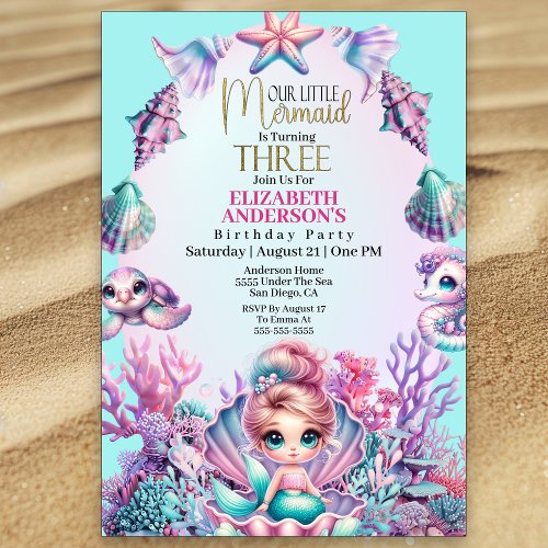 Little Mermaid Under The Sea 3rd Birthday Invitation