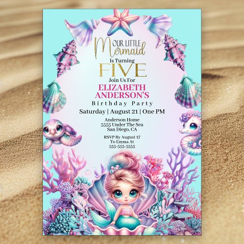 Little Mermaid Under The Sea 5th Birthday Invitation