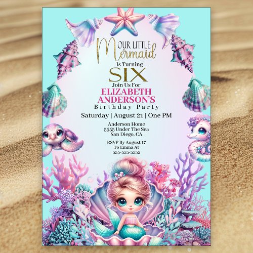 Little Mermaid Under The Sea 6th Birthday Invitation