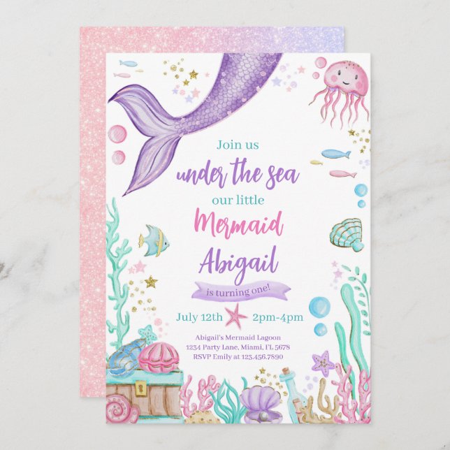 Little Mermaid Under The Sea Birthday Invitation (Front/Back)