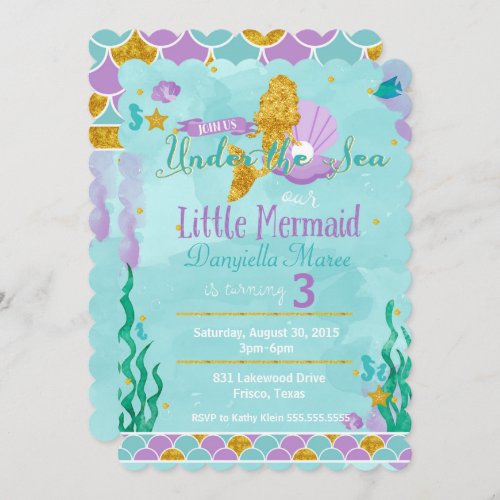 Little Mermaid Under the Sea Kids Birthday Invite