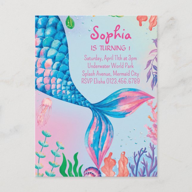Little Mermaid Underwater Birthday Invitation Postcard (Front)