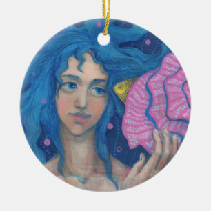 Little Mermaid, Underwater Fantasy Art, Pink Blue Ceramic Ornament