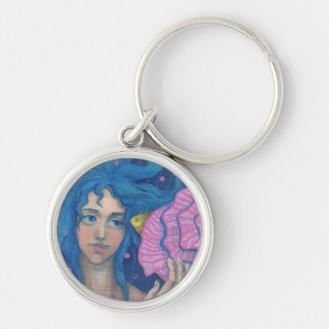 Little Mermaid, Underwater Fantasy Art, Pink Blue Keychain (Front)
