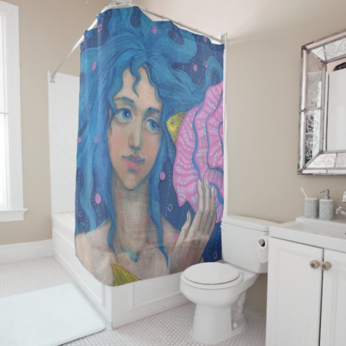 Little Mermaid Underwater Fantasy Art Pink Blue Shower Curtain