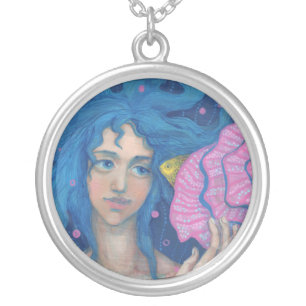 Little Mermaid, Underwater Fantasy Art, Pink Blue Silver Plated Necklace