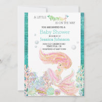 Little Mermaid Watercolor Baby Shower Glitter Invitation