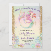 Little Mermaid Watercolor Baby Shower Gold Invitation