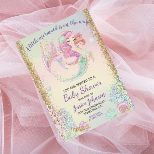  Little Mermaid Watercolor Baby Shower Gold Invitation