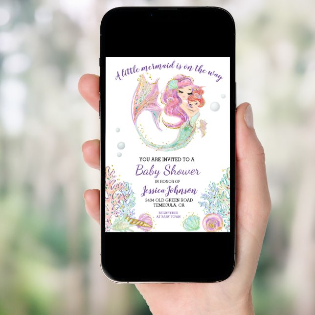  Little Mermaid Watercolor Baby Shower  Invitation (Front Digital)