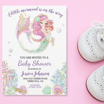 Little Mermaid Watercolor Baby Shower  Invitation
