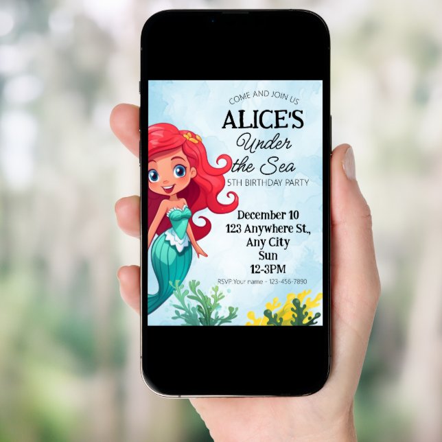 Little Mermaid Watercolor Birthday Invitation (Front Digital)