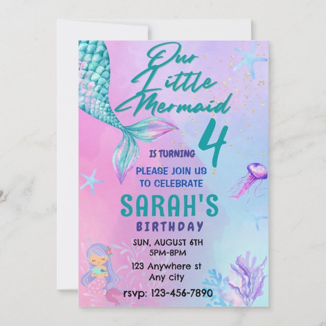 Little Mermaid, Watercolor Birthday Party Invitation (Front)