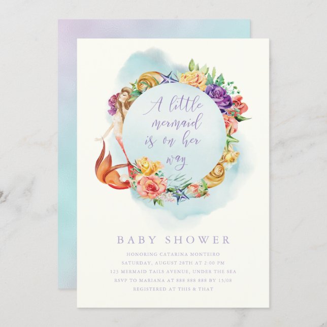Little Mermaid Way Baby Shower Girl Simple Floral Invitation (Front/Back)