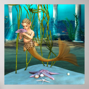 Little Mermaid with Anemone Flower Poster