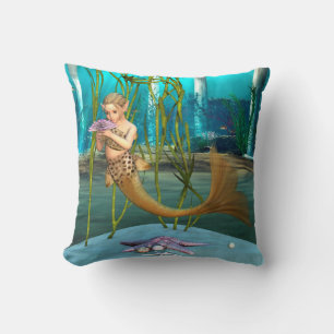 Little Mermaid with Anemone Flower Throw Pillow