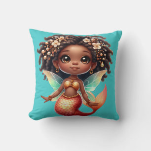 “Little Mermaid with Brown Eyes & Curly Hair" Throw Pillow