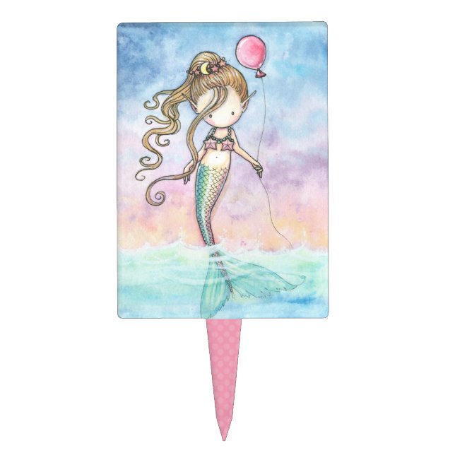 Little Mermaid with Pink Balloon Girls Birthday Cake Topper (Front)