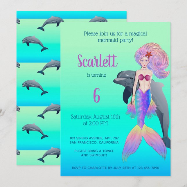 Little Mermaid with Rainbow Hair Birthday Invitation (Front/Back)