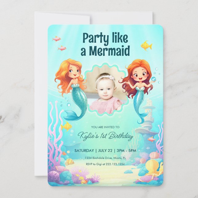 Little Mermaids Under the Sea Birthday Invitation (Front)