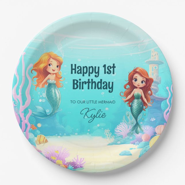 Little Mermaids Under the Sea Birthday Party Round Paper Plates (Front)