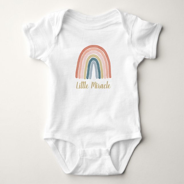 Little Miracle Cute Boho Watercolor Rainbow Coral Baby Bodysuit (Front)