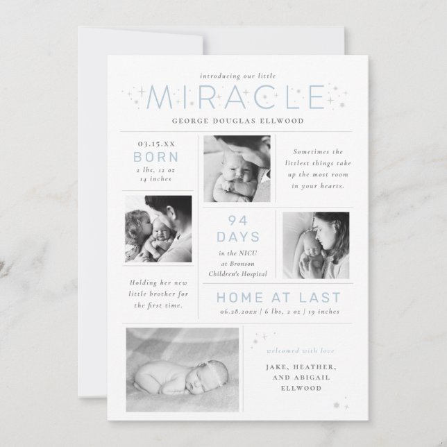 Little Miracle Preemie NICU Infographic Birth Announcement (Front)