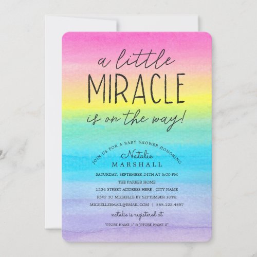 Little Miracle  Watercolor Rainbow Baby Shower Invitation