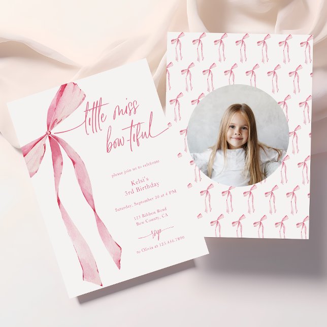Little Miss Bowtiful Pink Photo Birthday Invitation (Creator Uploaded)