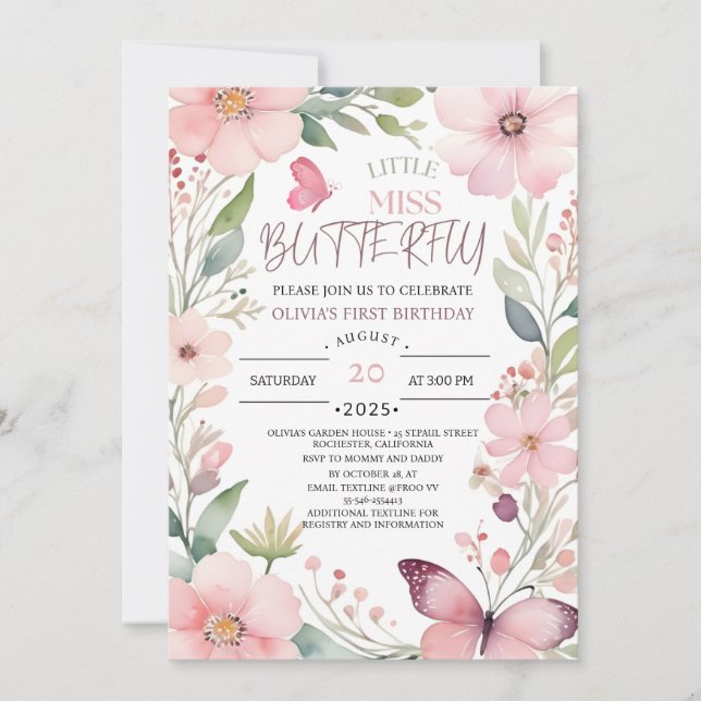 Little Miss butterfly Pink Floral 1st Birthday  Invitation (Front)