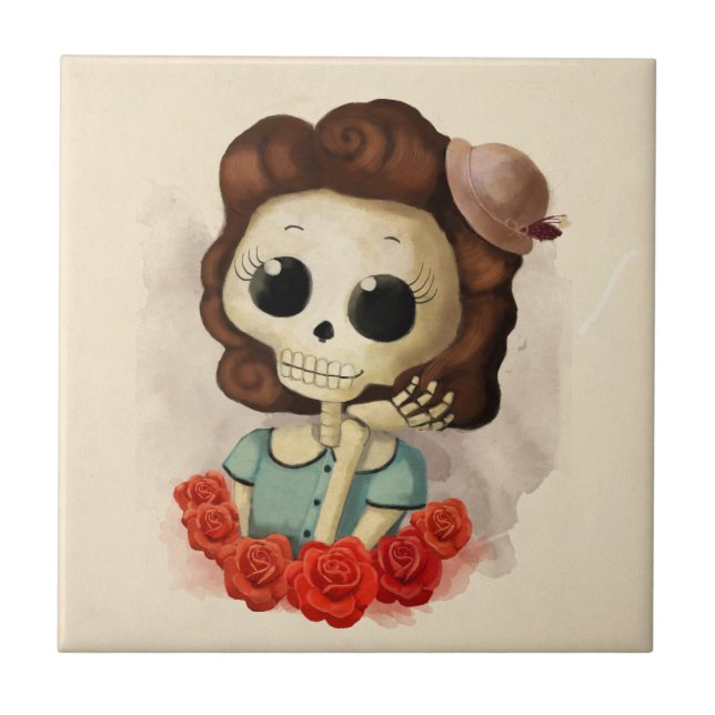 Little Miss Death and Roses Ceramic Tile (Front)