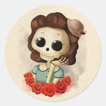 Little Miss Death And Roses Classic Round Sticker by colonelle at Zazzle