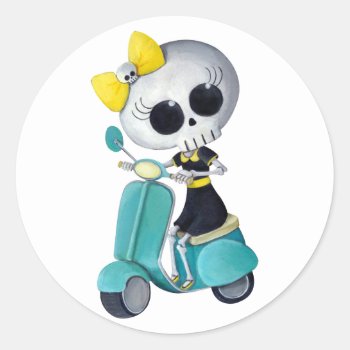 Little Miss Death On Scooter Classic Round Sticker by colonelle at Zazzle