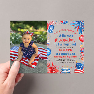 Little Miss Firecracker 4th of July 1st Birthday Acrylic Invitations