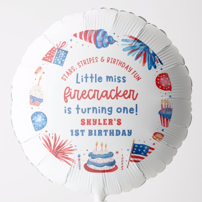 Little Miss Firecracker 4th of July 1st Birthday Balloon (Front)