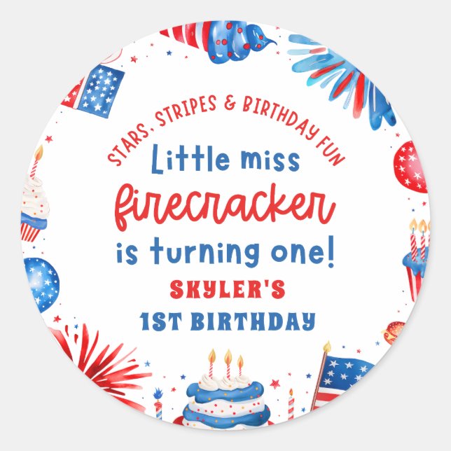 Little Miss Firecracker 4th of July 1st Birthday Classic Round Sticker (Front)