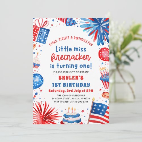 Little Miss Firecracker 4th of July 1st Birthday Invitation